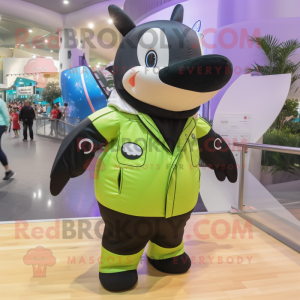 Lime Green Killer Whale mascot costume character dressed with a Overalls and Handbags