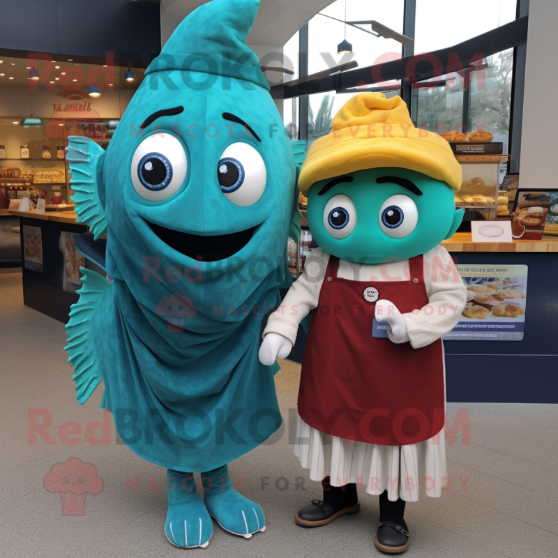 Teal Fish And Chips mascot costume character dressed with a Dress Shirt and Shawls