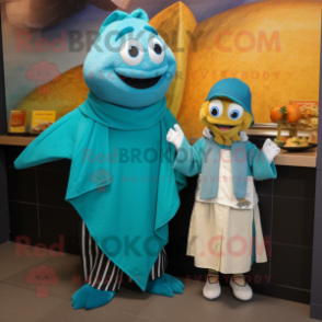 Teal Fish And Chips mascot costume character dressed with a Dress Shirt and Shawls