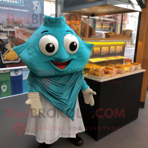 Teal Fish And Chips mascot costume character dressed with a Dress Shirt and Shawls