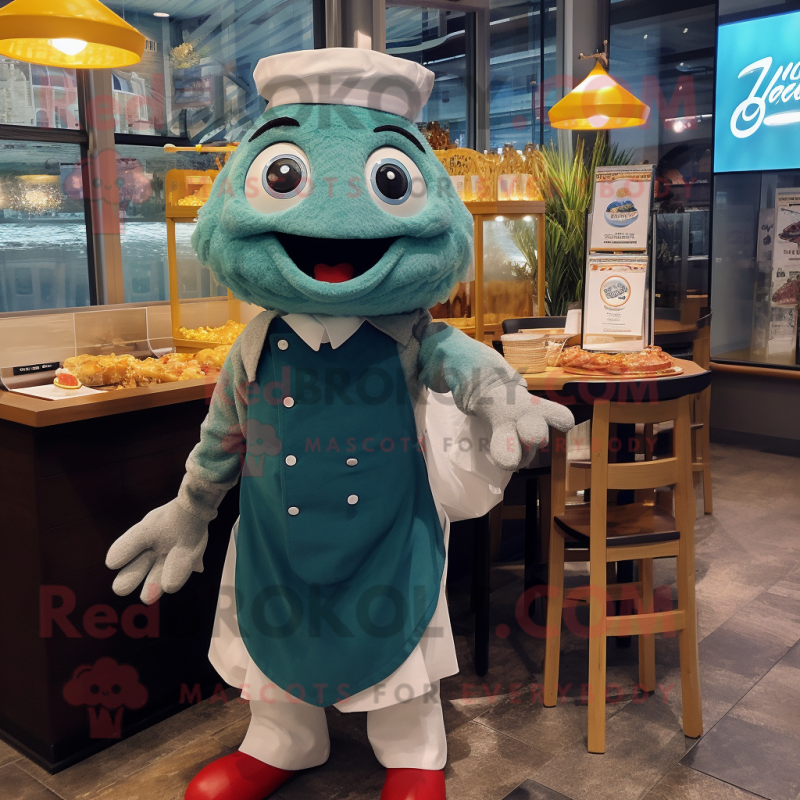 Teal Fish And Chips mascot costume character dressed with a Dress Shirt and Shawls Teal Fish And Chips mascot costume character dressed with a Dress Shirt and Shawls