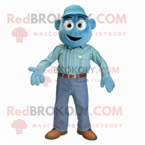 Turquoise Juggle mascot costume character dressed with a Chambray Shirt and Belts