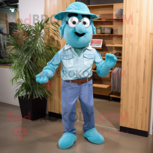 Turquoise Juggle mascot costume character dressed with a Chambray Shirt and Belts