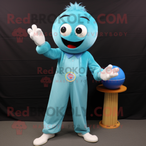 Turquoise Juggle mascot costume character dressed with a Chambray Shirt and Belts