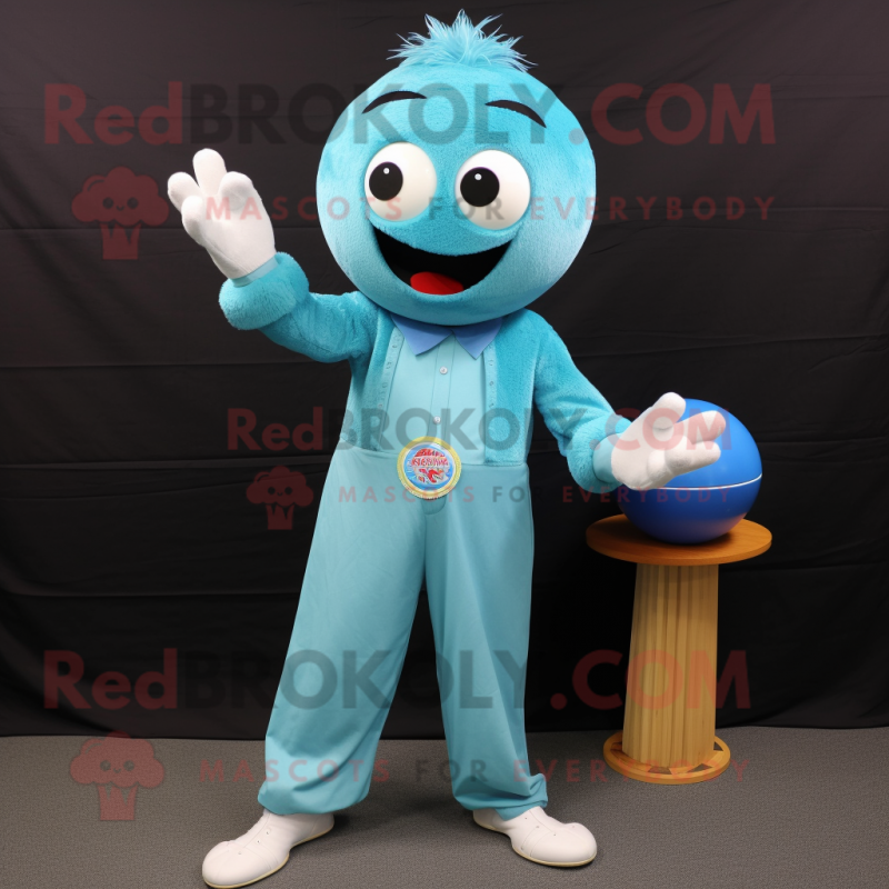 Turquoise Juggle mascot costume character dressed with a Chambray Shirt and Belts Turquoise Juggle mascot costume character dressed with a Chambray Shirt and Belts