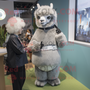 Gray Alpaca mascot costume character dressed with a Dress and Watches