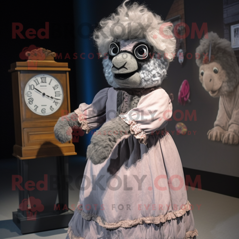 Gray Alpaca mascot costume character dressed with a Dress and Watches