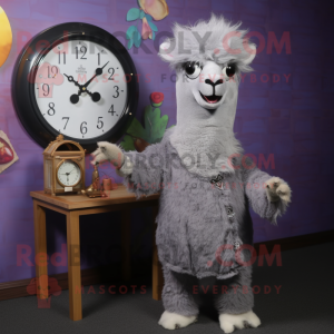 Gray Alpaca mascot costume character dressed with a Dress and Watches