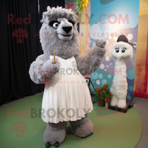 Gray Alpaca mascot costume character dressed with a Dress and Watches