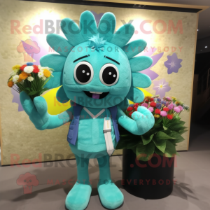 Turquoise Bouquet Of Flowers mascot costume character dressed with a Vest and Briefcases