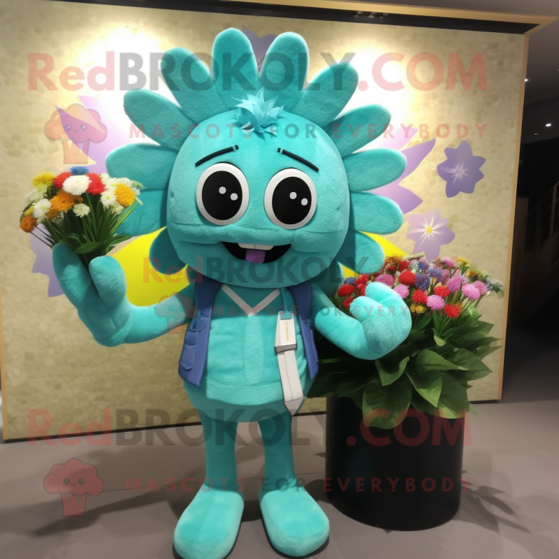 Turquoise Bouquet Of Flowers mascot costume character dressed with a Vest and Briefcases Turquoise Bouquet Of Flowers mascot costume character dressed with a Vest and Briefcases