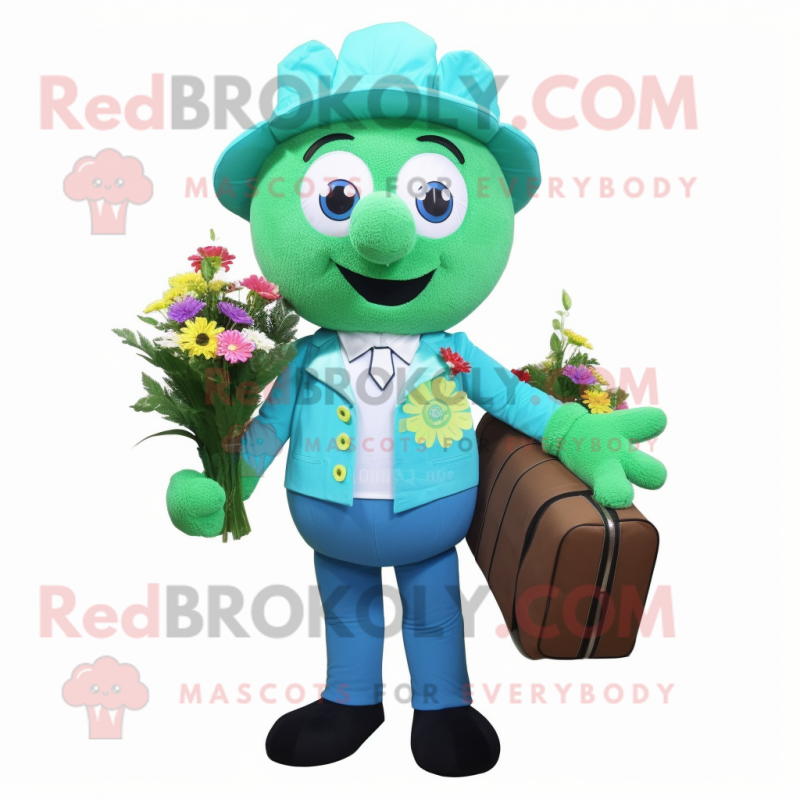 Turquoise Bouquet Of Flowers mascot costume character dressed with a Vest and Briefcases Turquoise Bouquet Of Flowers mascot costume character dressed with a Vest and Briefcases