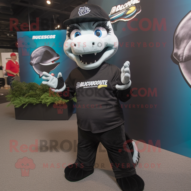 Black Barracuda mascot costume character dressed with a Polo Tee and Beanies