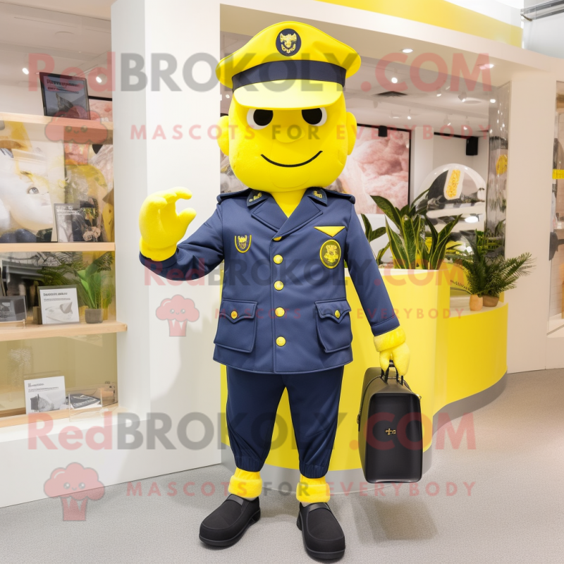 Lemon Yellow Navy Soldier mascot costume character dressed with a Suit Jacket and Handbags Lemon Yellow Navy Soldier mascot costume character dressed with a Suit Jacket and Handbags