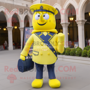 Lemon Yellow Navy Soldier mascot costume character dressed with a Suit Jacket and Handbags