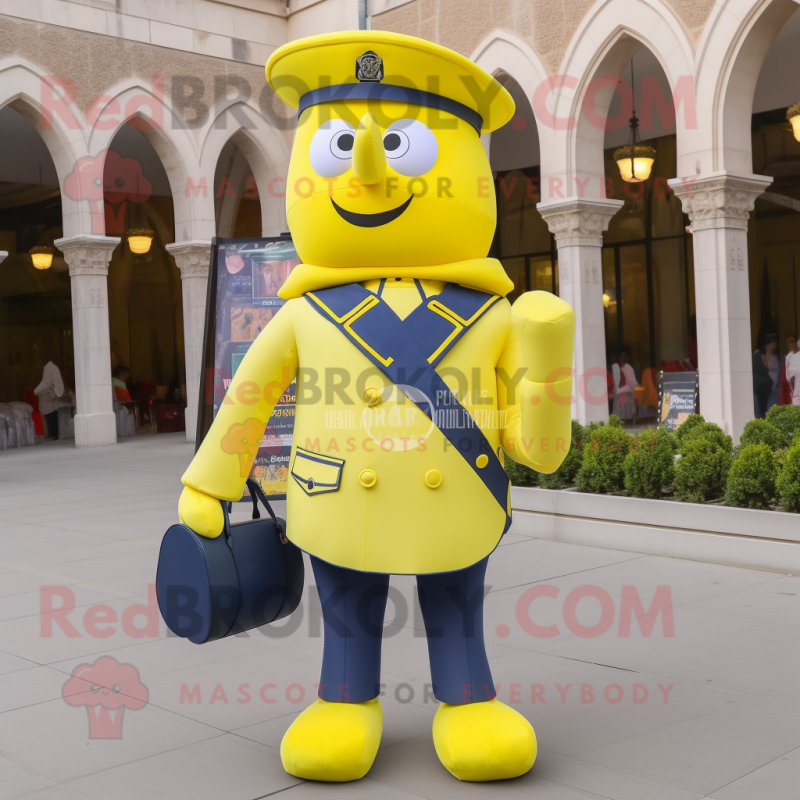 Lemon Yellow Navy Soldier mascot costume character dressed with a Suit Jacket and Handbags Lemon Yellow Navy Soldier mascot costume character dressed with a Suit Jacket and Handbags
