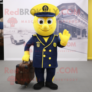 Lemon Yellow Navy Soldier mascot costume character dressed with a Suit Jacket and Handbags