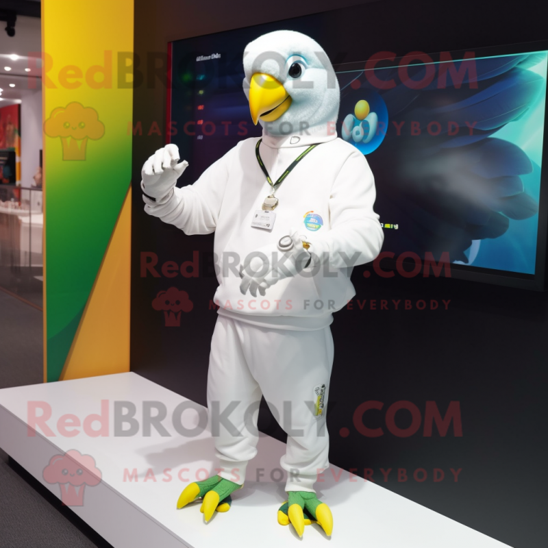 White Parrot mascot costume character dressed with a Sweatshirt and Smartwatches