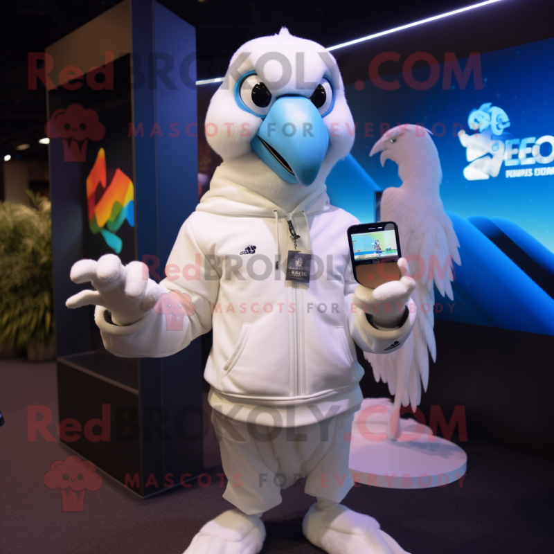 White Parrot mascot costume character dressed with a Sweatshirt and Smartwatches White Parrot mascot costume character dressed with a Sweatshirt and Smartwatches