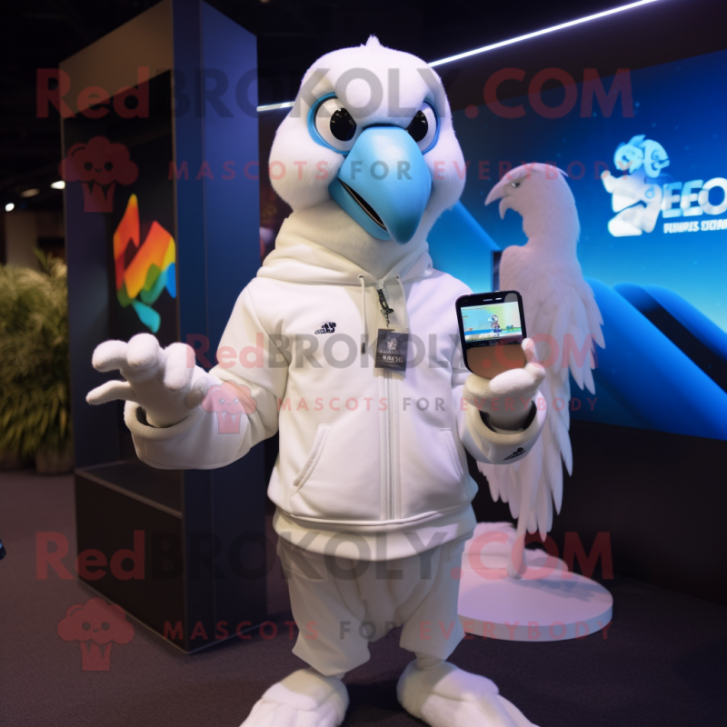 White Parrot mascot costume character dressed with a Sweatshirt and Smartwatches