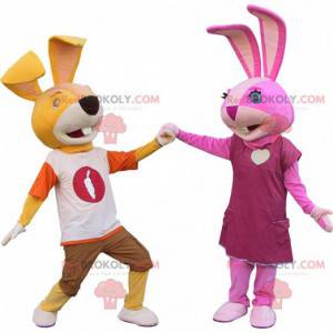 2 mascottes de lapins l'un jaune et l'autre rose -