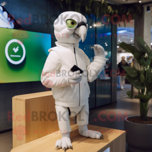 White Parrot mascot costume character dressed with a Sweatshirt and Smartwatches