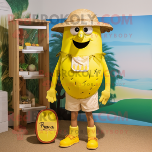 Lemon Yellow Paella mascot costume character dressed with a Board Shorts and Suspenders