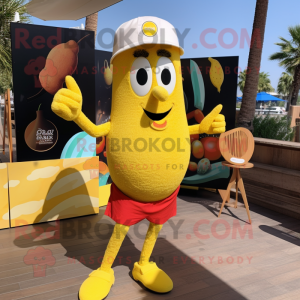 Lemon Yellow Paella mascot costume character dressed with a Board Shorts and Suspenders