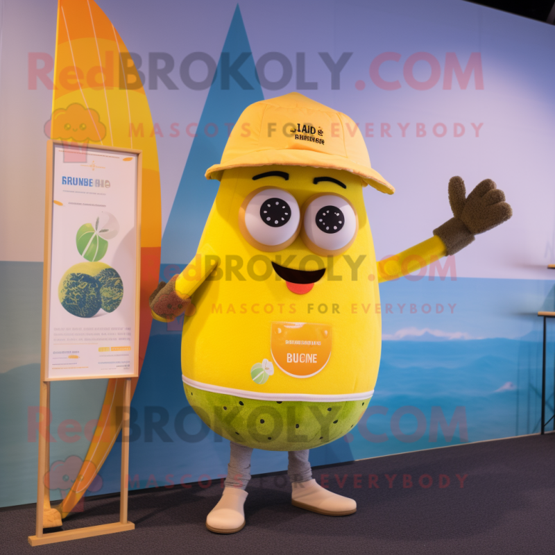 Lemon Yellow Paella mascot costume character dressed with a Board Shorts and Suspenders