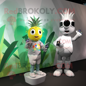 Silver Pineapple mascot costume character dressed with a Tank Top and Smartwatches