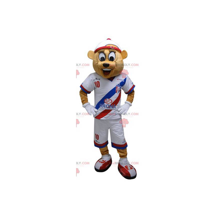 Beige Bär Maskottchen in Sportbekleidung. Teddybär Maskottchen Beige Bär Maskottchen in Sportbekleidung. Teddybär Maskottchen