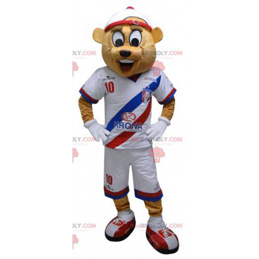 Beige Bär Maskottchen in Sportbekleidung. Teddybär Maskottchen