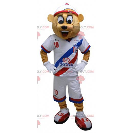 Mascot oso beige en ropa deportiva. Mascota del oso de peluche