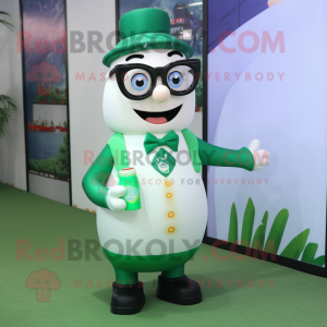 Green Bottle Of Milk mascot costume character dressed with a Waistcoat and Eyeglasses