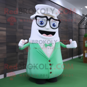 Green Bottle Of Milk mascot costume character dressed with a Waistcoat and Eyeglasses