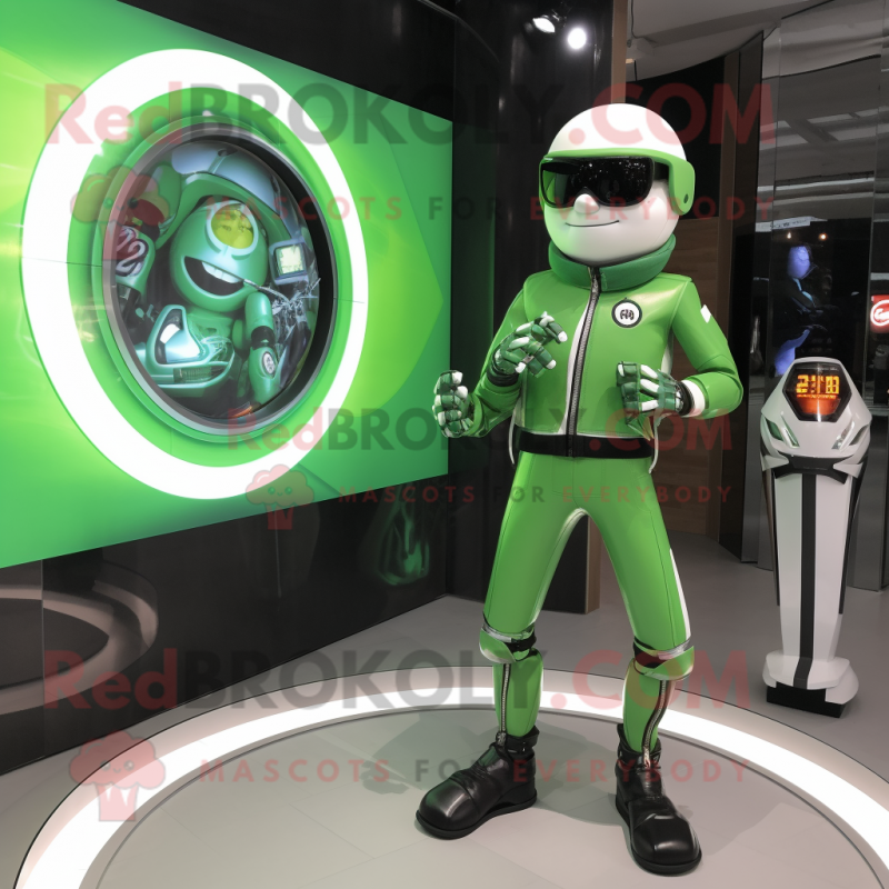Green Volleyball Net mascot costume character dressed with a Moto Jacket and Digital watches Green Volleyball Net mascot costume character dressed with a Moto Jacket and Digital watches
