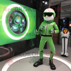 Green Volleyball Net mascot costume character dressed with a Moto Jacket and Digital watches
