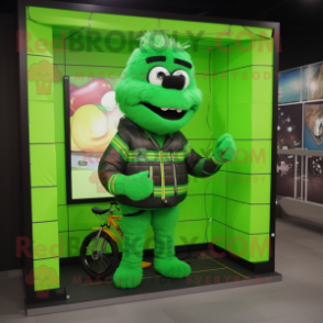 Green Volleyball Net mascot costume character dressed with a Moto Jacket and Digital watches
