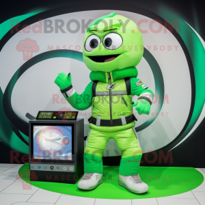 Green Volleyball Net mascot costume character dressed with a Moto Jacket and Digital watches