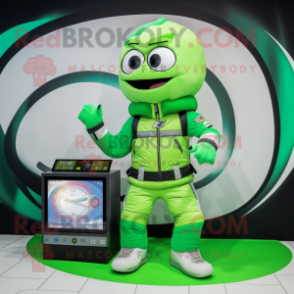 Green Volleyball Net mascot costume character dressed with a Moto Jacket and Digital watches