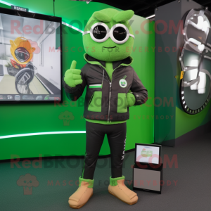 Green Volleyball Net mascot costume character dressed with a Moto Jacket and Digital watches