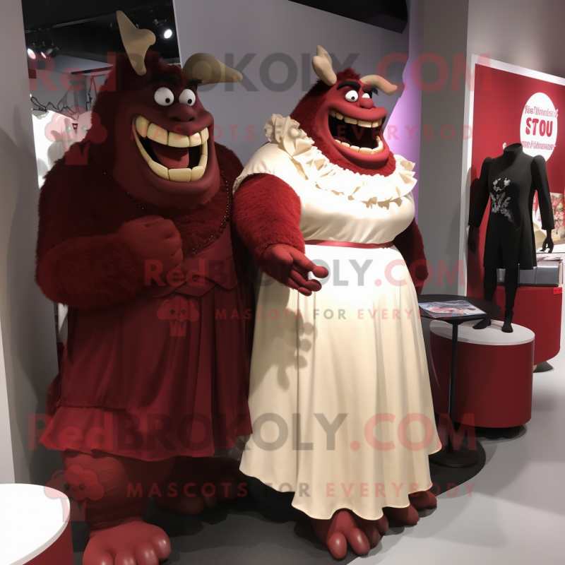 Maroon Ogre mascot costume character dressed with a Wedding Dress and Lapel pins Maroon Ogre mascot costume character dressed with a Wedding Dress and Lapel pins