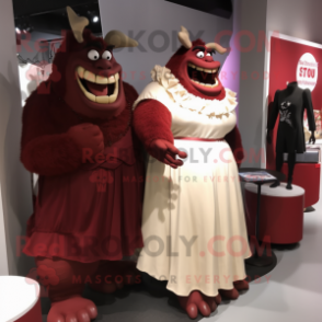 Maroon Ogre mascot costume character dressed with a Wedding Dress and Lapel pins