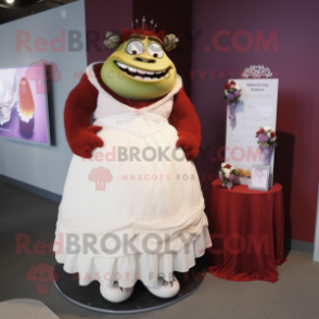 Maroon Ogre mascot costume character dressed with a Wedding Dress and Lapel pins