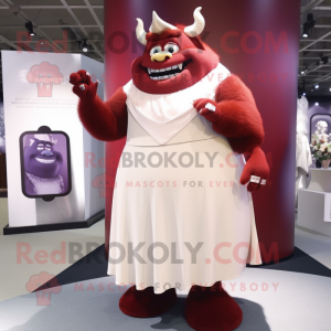 Maroon Ogre mascot costume character dressed with a Wedding Dress and Lapel pins