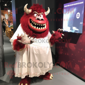 Maroon Ogre mascot costume character dressed with a Wedding Dress and Lapel pins