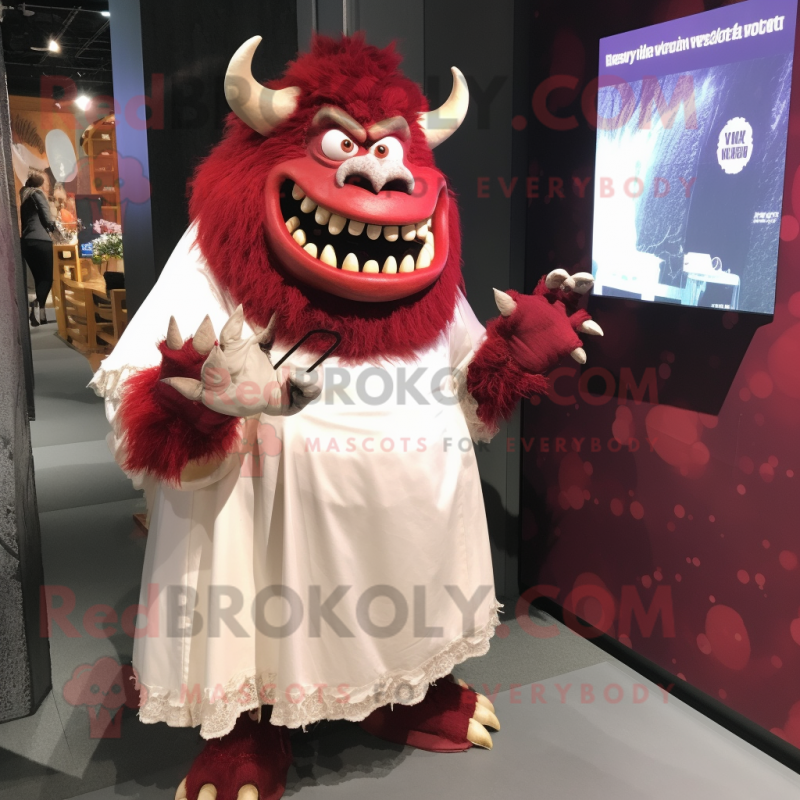 Maroon Ogre mascot costume character dressed with a Wedding Dress and Lapel pins Maroon Ogre mascot costume character dressed with a Wedding Dress and Lapel pins