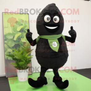 Black Spinach mascot costume character dressed with a Cardigan and Foot pads