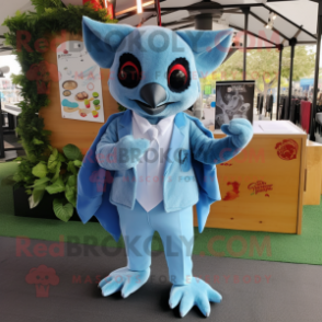 Sky Blue Fruit Bat mascot costume character dressed with a Suit Jacket and Rings