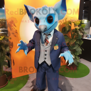 Sky Blue Fruit Bat mascot costume character dressed with a Suit Jacket and Rings